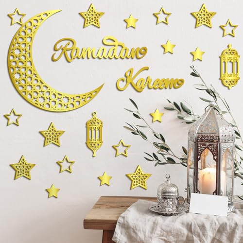 Geelin 23 Pcs Ramadan Decorations for Home 2026 Eid Ramadan Kareem Mubarak Wall Decor Islamic Wooden Gold Moon Star Lantern Wall Art Sign for Living Room Bedroom Muslim Arabic Party Supplies(Kareem) - style: Kareem