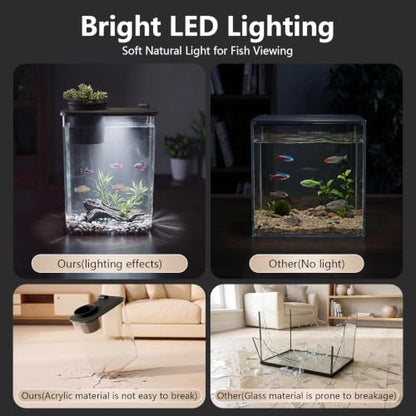 1 Gallon Betta Fish Tank Aquarium Starter Kit with Light and Lid(Black) | Premium Acrylic Aquarium with Light and Lid, Crystal Clear Starter Kit for Betta Fish, Shrimp, Snails and Small Fish - color: Black, size: 1 Gallon