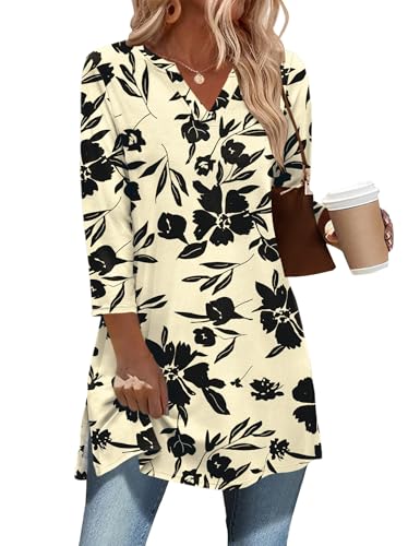 Ivicoer 3/4 Length Sleeve Womens Tops Dressy Casual Plus Size V Neck Tunics to Wear with Leggings Side Slit Shirt - color: Apricot Black Floral, size: Medium