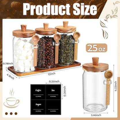 3 Pcs Glass Coffee Container Wood Lid, 25 Oz, acacia Brown | Coffee Tea Sugar Canister Set, Airtight Jar Food Storage with Wood Spoon Tray Labels, Kitchen Counter Bar Organization - size: 25 oz