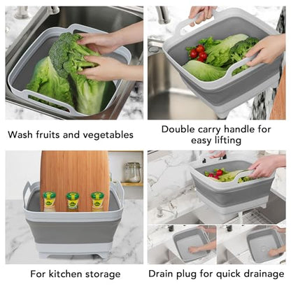 Tiawudi Dishpan for Washing Dishes, 2.4Gal/9L Wash Basin with Draining Plug Carry Handles, Collapsible Bucket for Cleaning, Portable Sink, Foldable Plastic Tub, 1PC