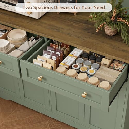 HOSTACK 75" Kitchen Pantry Storage Cabinet, Coffee Bar Hutch Cabinet, Green | Tall Pantry Cabinet with Charging Station / Wide Countertop / Glass Doors / Wine Rack / Cup Holder / Drawers, Dining Room - color: Green