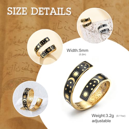 Dreamtimes Islamic Ayatul Kursi Arabic Calligraphy Ring for Men Women Stainless Steel Open Adjustable Band Crescent Moon Ring Star Rings Muslim Religious Jewelry for Eid Mubarak Ramadan - color: Gold