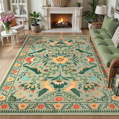 Moynesa Green Washable 8x10 Area Rugs for Living Room Bedroom Dining Room, Modern Farmhouse Country Floral Bird Print Pattern Medallion Carpet, Aesthetic Home Decorations Open Floor Areas Protection - color: Sage Green, size: 8' x 10' (Rectangular)