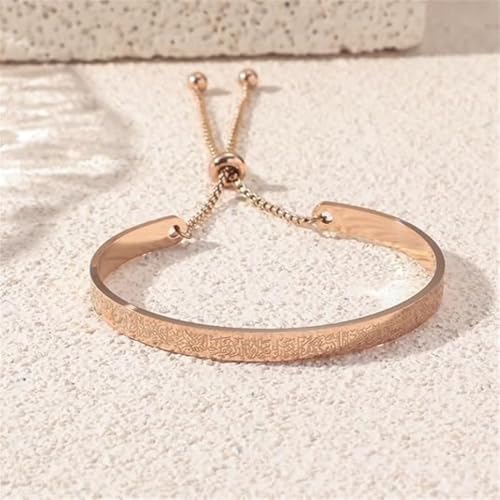 Exquisite Ayatoll Kursi Stainless Steel Engraved Islamic Muslim Verses C-Shape Bracelet with Chains at Both Ends - Unique Design, Arabic Jewelry for Every Occasion, Ramadhan Holiday Gift - color: rose golden