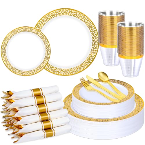 210Pcs Gold Plastic Dinnerware for 30 Guests,Gold Lace Disposable Plasticc Plates Including 30 Dinner&Dessert Plates,Cups,Golden Plastic Silverware for Party,Wedding,Thanksgiving - color: Gold, size: 30 Guests