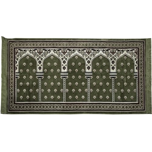 Modefa Turkish Islamic Prayer Rug - Multi Person Janamaz Sajada for Family or Large Gathering & Group Praying Carpet - Wide Plush Velvet Praying Mat Mihrab (5 Person Green) - color: Mihrab Green