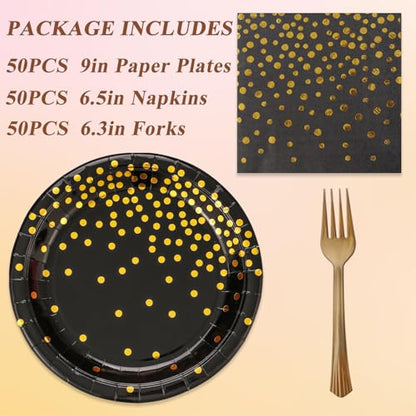 150 PCS Black and Gold Paper Plates Napkins Forks Party Supplies Serves 50, Golden Dot Disposable Paper Dinnerware 9" Plates for Birthday, New Years Eve, Graduation, Retirement Party - color: Black Gold (Serves 50)
