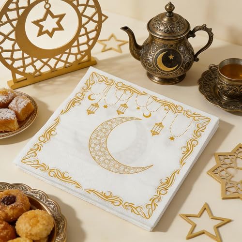 Eid Mubarak Ramadan Napkins Gold Stars Moon Eid Mubarak Disposable Paper Napkin, Arabic Design Themed Paper Napkins for Eids Al-Fitr Party Decorations