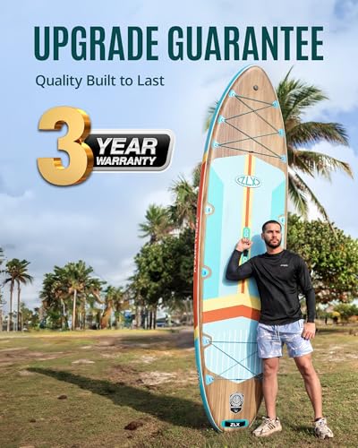 ZLX 11'6"x35" Ultra Wide Inflatable Stand Up Paddle Board | Stable Non-Slip Deck Pad, Unique Fin System, Premium SUP Accessories & Backpack - Upgraded Pump for Adults, All Skill Levels - color: Brown Wood