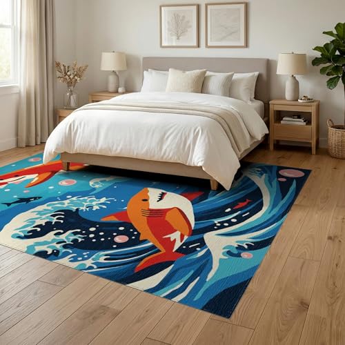 6'x9' Washable Graphic Shark Area Rug, Red Foldable Non-Slip Large Carpet for Queen Size Bedroom, Under Bed, Master Bedroom, Foldable Easy Care Carpet| Ref:2070034 - color: Blue/Pattern 11, size: 6' x 9' (Rectangular)