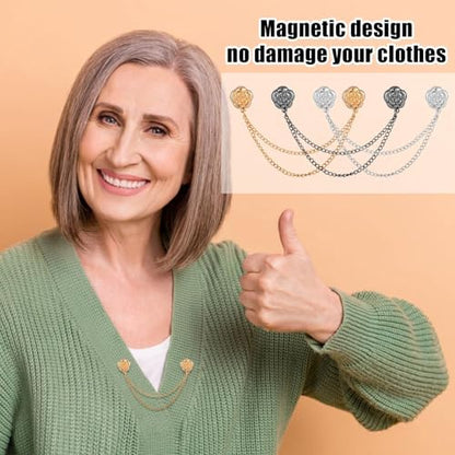 3 pcs Magnet Clothing Pins, Metal Magnetic Clothing Clips with Chain Multi-Use Strong Magnet Pin Magnetic Button Clips for Fixing Hem of Hijab Clothes Long Pants Legs Sleeves of Shirts(Flower Style)