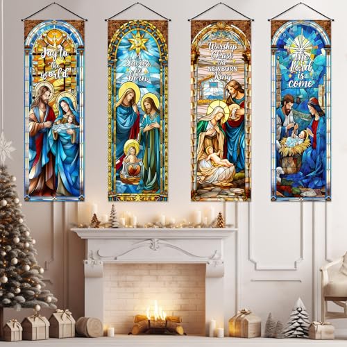Panelee 4 Pcs Nativity Scene Banner Religious Christmas Backdrop Holy Nativity Stained Glass Style Wall Decorations Jesus Porch Sign for Xmas Indoor Outdoor Church Wall Hanging Decor - style: Nativity