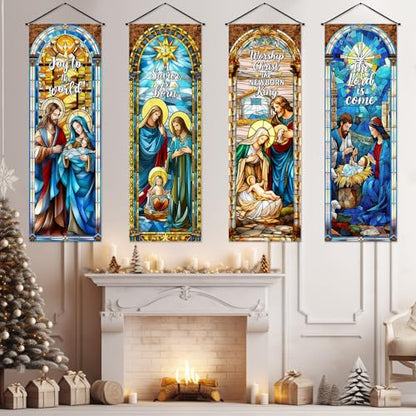 Panelee 4 Pcs Nativity Scene Banner Religious Christmas Backdrop Holy Nativity Stained Glass Style Wall Decorations Jesus Porch Sign for Xmas Indoor Outdoor Church Wall Hanging Decor - style: Nativity
