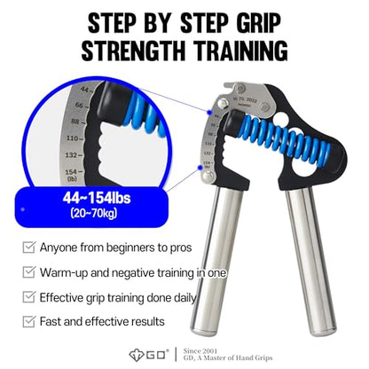 GD IRON GRIP 70 Grip Strength Trainer Hand Gripper Forearm Strengthener | Adjustable 44~154lbs Resistance, hand finger exerciser, forearm trainer squeezer, hand strengthening devices, Metal Hand Grip