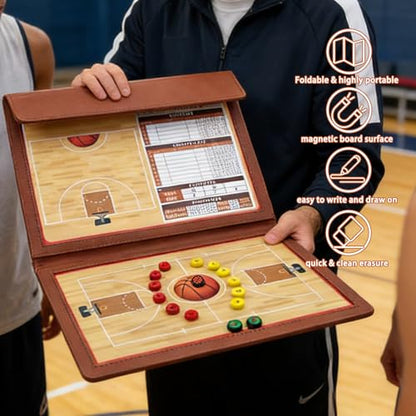 JIANNA Basketball Coaching Board 12.6" x 9.85" Folding Double-Sided Magnetic Dry Erase Strategy Board with Reinforced Stitching PU Cover, Thick Magnetic Player Tokens & Marker