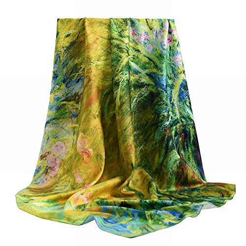 100% Mulberry Silk Scarf-Printed or Solid Color 35” Square Large Silk Hair Head Wrap Scarf With Gift Box Package - color: H Pattern: Frondent Fleur-de-lis