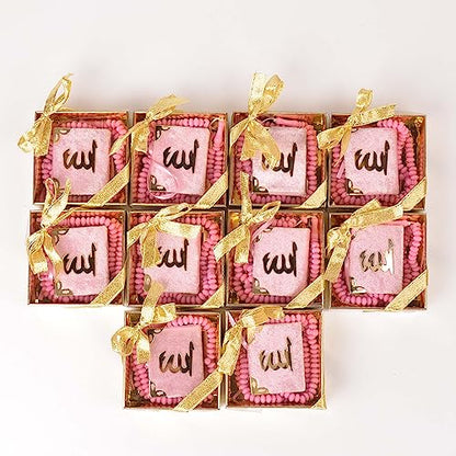 BABY SHOWER CHOCOLATE Set of 10 Islam Quran Tasbeeh Islamic Set | Holy Quran Prayer Beads Gift Box Favor (Pink) - color: Pink