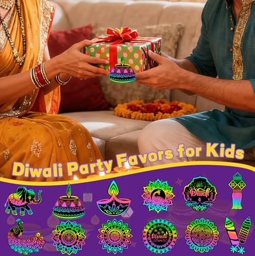 FEBSNOW 48 PCS Diwali Crafts for Kids, Magic Rainbow Scratch Art Paper Cards for Kids Diwali Gifts School Classroom Activities Happy Diwali Festival of Lights Party Favors Hanging Ornaments - style: Diwali