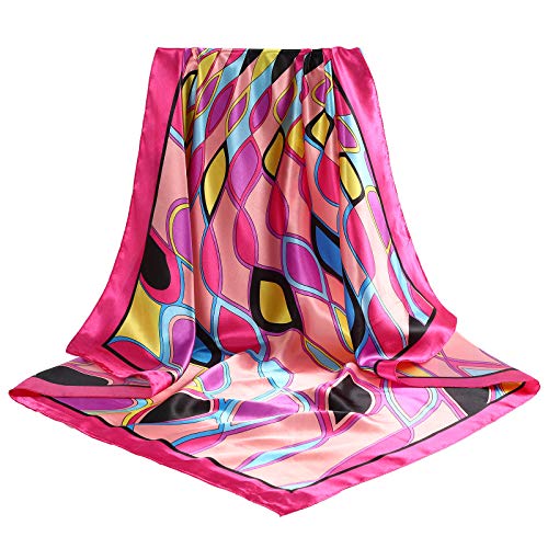 AWAYTR 35” Large Satin Square Head Scarf - 2Pcs Silk Like Floral Head Scarves Square Satin Hair Scarf Bandanas for Women - color: Elliptical Grid(rose+blue)