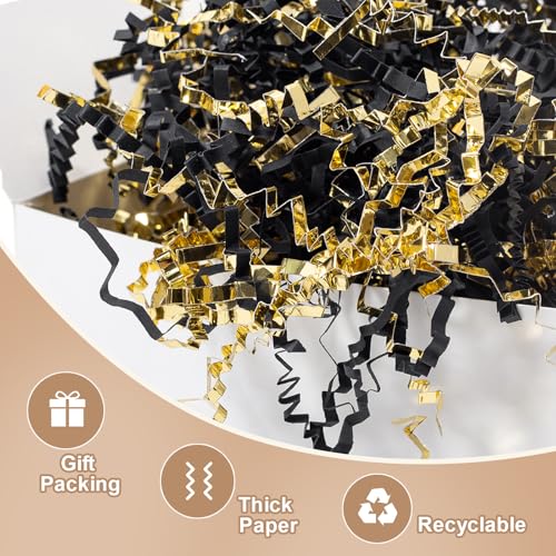 Wowxyz 1 LB Crinkle Cut Paper Shred Black & Gold Crinkle Shredded Paper for Gift Baskets - Gift Box Bag Filler - Confetti Stuffing for Birthday, Holiday Present Packaging Wrapping - color: Black and Gold