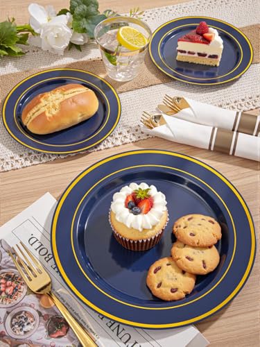 WDF Partyware 350PCS Navy Blue and Gold Plastic Plates with Rolled Napkins Include Dinner Plate 10’’, Dessert Plate 7’’, gold Cups 9 OZ, Pre Rolled Napkins for Birthday/Wedding/Party/Graduation - color: Blue and Gold, size: 350