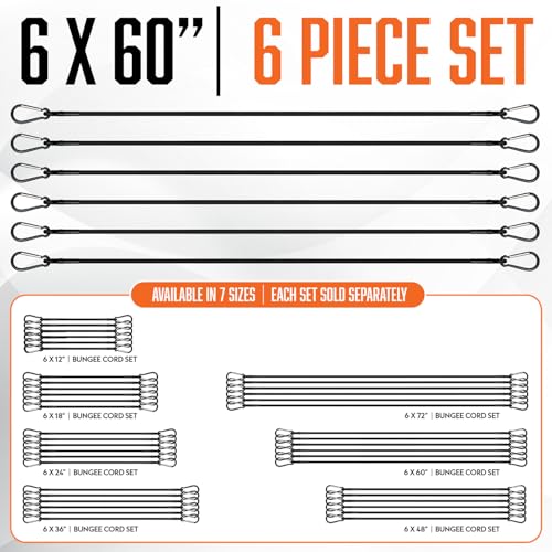 Long Bungee Cords with Hooks - 6Pc 60 Inch Heavy Duty Outdoor Bungees | 5 ft UV & Weather Resistant Strong Bungie Chords - Black Bunjee Straps with Clips - Large Bungy Cord Set 200lb Strength - size: Black 60” (6 Piece)
