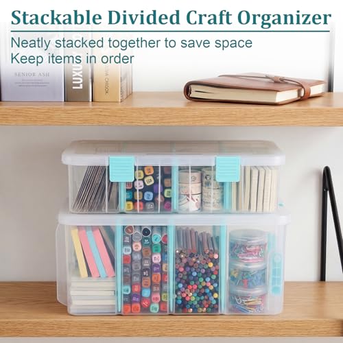 BTSKY Clear Plastic Dividing Storage Box with 4 Compartments Adjustable Storage Bin with Lid Plastic Craft Storage Container Multipurpose Sewing Box Art Supply Organizer, 13.3x8.1x3.4 Inches | 13.3x8.1x3.4 Inches Adjustable Storage Bin with Lid Plastic Cr