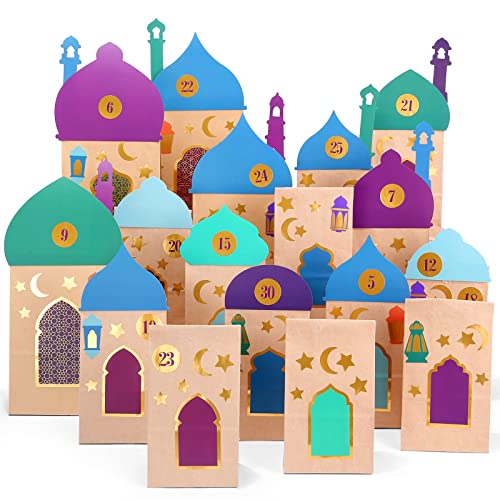 KESOTE 30CT Eid Mubarak Gift Bags Treat Bags with Moon & Star Stickers, Ramadan Countdown Advent Calendar DIY Brown Paper Bags