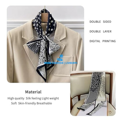 Silk Feeling Head Scarf Fashion Satin Hair Scarf Square Long Scarves for Women Gifts - color: 02 Black Point /5.12 X 59 Inch