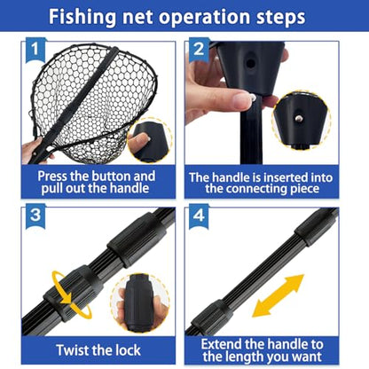 Telescoping Rubber Fishing Net with Handle 64"/46“ Long Silicone Large Fish Landing Net Kayak/Fishpond/Saltwater Extendable Fishing Gear Accessories - size: Black:3-section pole|length:63.7"