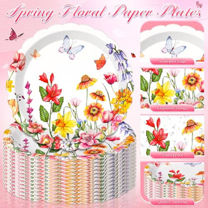 Funnymoom 96 Pcs Wildflower Tableware Set for 48 Guests Include 48 7 Inch Dessert Plates and 48 Napkins Watercolor Disposable Dinnerware for Birthday Holiday Tea Party Supplies - style: Wildflower