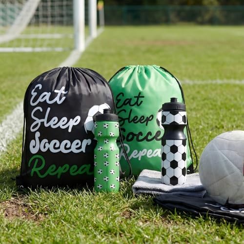 Reallnaive Party Favors Gifts, 24 oz Water Bottles Reusable Sport Squeeze Drinking Cup, Eat Sleep Drawstring Bag Cinch Sack Sport Pack for School Team Gift Event Accessories - style: Soccer