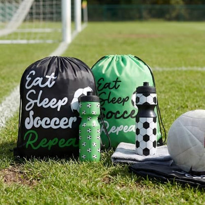 Reallnaive Party Favors Gifts, 24 oz Water Bottles Reusable Sport Squeeze Drinking Cup, Eat Sleep Drawstring Bag Cinch Sack Sport Pack for School Team Gift Event Accessories - style: Soccer