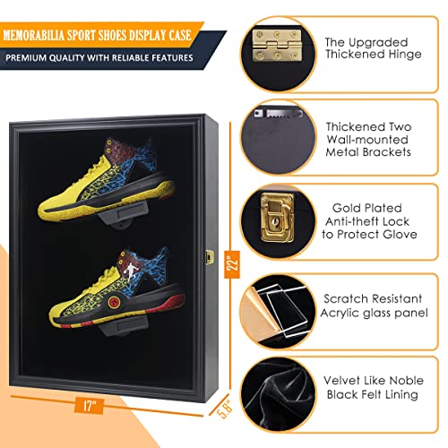Memorabilia Sports Shoes Display Frame Case Lockable Wall Mount Wooden Cleat Sneaker Cabinet Storage Shelves Box for Football Basketball Sports Shoes Display with Anti-Fade UV Protection Acrylic Door