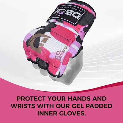 DEFY Padded Inner Gloves Quick 75cm Long Strap – Inner Boxing Gloves Gel Padded Knuckle Protection – Elasticated Boxing Hand Wraps for MMA Muay Thai Kickboxing Martial Arts Pair - color: Pink Camo, size: X-Large