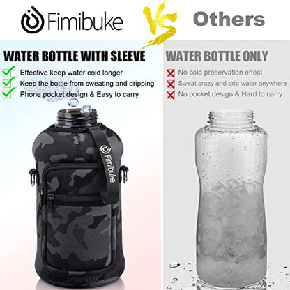 Fimibuke Half Gallon Water Bottle with Sleeve 64 OZ Water Bottle with Handle & Straw Leakproof Motivational Sports Gym Water Bottle with Time Marker BPA Free Water Jug with Reusable Neoprene Holder - color: Black, Grey