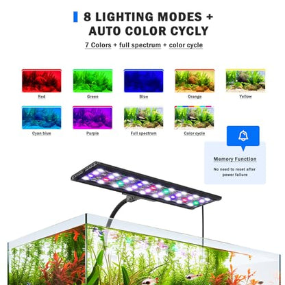 AQQA Clip On Aquarium Light, 24/7 & DIY Mode Full Spectrum Fish Tank Light | Adjustable Timer & Brightness, Memory Function, IP68 Waterproof LED Aquarium Plant Light, Fits 16–24 Inch Tanks