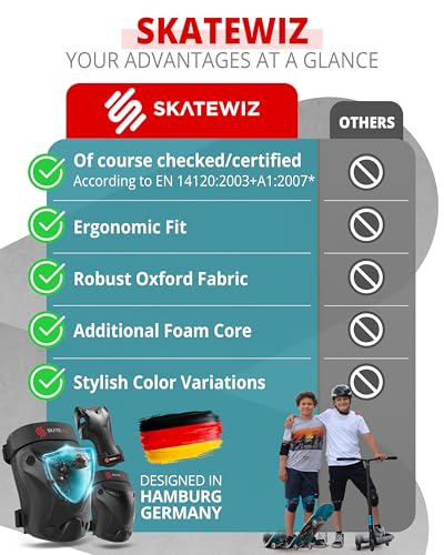 SKATEWIZ Knee and Elbow Pads Adult - Skating Protective Gear - PROTECT-1 - Size L Black - Wrist Guards Skating Pads, Skateboard, Roller Skate, Ice Skates For Women - color: Black, size: L - Teens and Adults