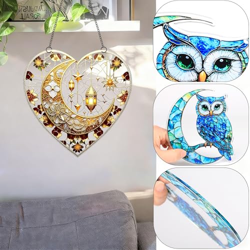 Heart Shaped Crescent Moon Lantern Floral Acrylic Suncatcher with Hanging Chain, Islamic Style Window Decor for Home, Patio, Garden,Ideal Present for Ramadan, Eid, Wedding, Housewarming/YX-45