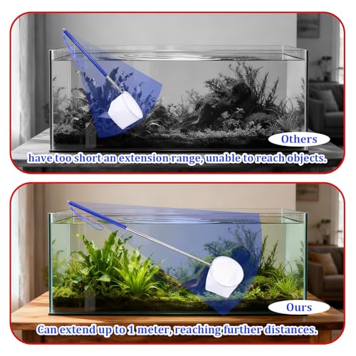 4 Inch Aquarium Net, Fish Net for Fish Tank with 8.6" to 39" Long Extendable Stainless Steel Handle Blue Round Small Aquarium Fine Mesh Shrimp Nets Pond Food Residue Debris Skimming for Fishes Shrimp