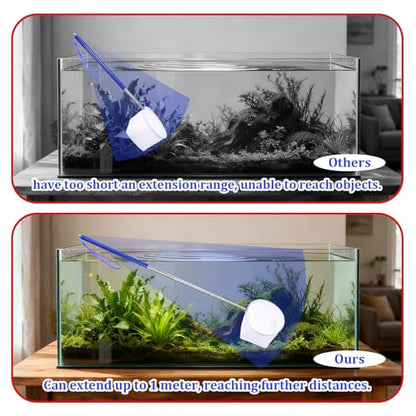 4 Inch Aquarium Net, Fish Net for Fish Tank with 8.6" to 39" Long Extendable Stainless Steel Handle Blue Round Small Aquarium Fine Mesh Shrimp Nets Pond Food Residue Debris Skimming for Fishes Shrimp