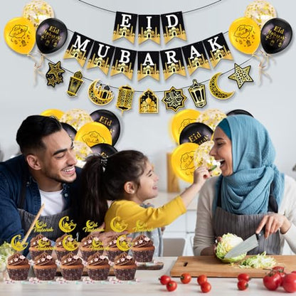 AhfuLife Eid Mubarak Banner Set Decorations, 4 Pcs Preassembled Eid Mubarak Banners with 16 Pcs Balloons, Reusable Black and Golden Ramadan Decoration, Star Moon Garland Decor for Muslim Party