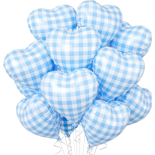 Blue Grid Heart Balloons, 10PCS Light Blue Foil for Boys Birthday Party - color: Blue Grid