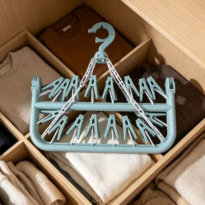 SteelFever Clothes Drying Hanger with 32 Clips, Foldable Hanging Drying Rack for Clothes Underwear Socks (Nordic Blue) - color: Nordic Blue