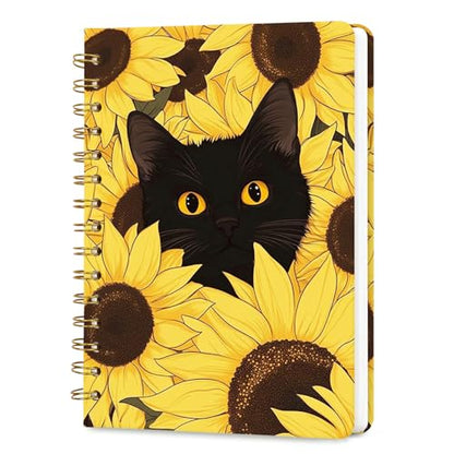Lined Spiral Journal Notebook, A5 College Ruled Spiral Notebook for Women, Hardcover with Elegant Design for Work and Note-Taking, 5.5 * 8.25 inch, 160 Pages, Sunflower Cat - color: Sunflower