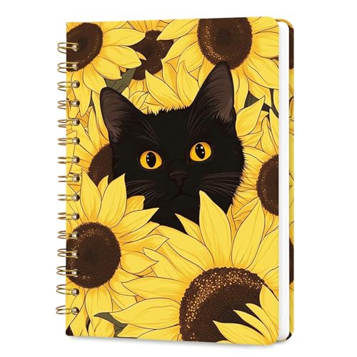 Lined Spiral Journal Notebook, A5 College Ruled Spiral Notebook for Women, Hardcover with Elegant Design for Work and Note-Taking, 5.5 * 8.25 inch, 160 Pages, Sunflower Cat - color: Sunflower