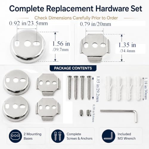 Towel Bar Mounting Hardware Universal Stainless Steel Bracket 1 Set | 2 Round and 2 Square Bases, Stainless Steel Construction, Screws with M3 Wrench, for Common Bathroom Fixtures