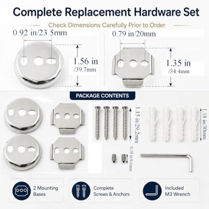 Towel Bar Mounting Hardware Universal Stainless Steel Bracket 1 Set | 2 Round and 2 Square Bases, Stainless Steel Construction, Screws with M3 Wrench, for Common Bathroom Fixtures