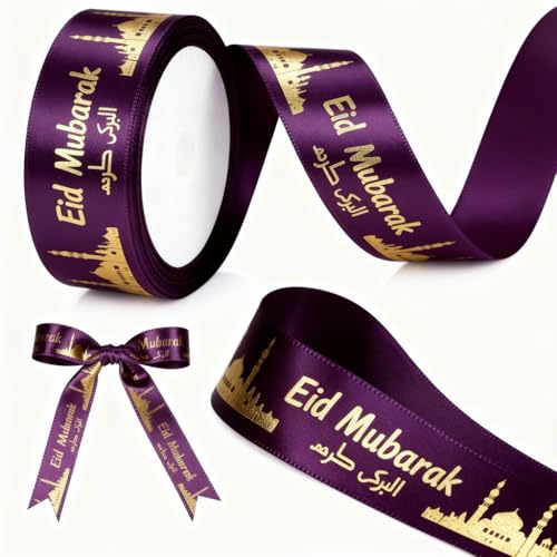 20 Yards Eid Al Adha Ribbons, Calligraphy Eid Mubarak Arabic Gold Ribbon for Wrapping Ramadan Kareem Eid al-Adha Ribbons for Islamic Muslim Party Hajj Umrah Decorations Supplies Gifts (Purple) - color: Purple